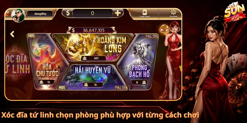 Xóc đĩa tứ linh chọn phòng phù hợp với từng cách chơi